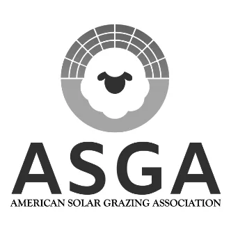 The logo of the American Solar Grazing Association (ASGA) features a stylized sheep head inside a circular design resembling a solar panel array. Below the graphic, the acronym "ASGA" is displayed in bold capital letters, followed by the full name "American Solar Grazing Association" in smaller text. The design represents the organization's focus on integrating livestock grazing with solar energy infrastructure.