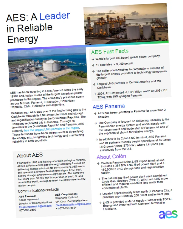 AES: A Leader in Reliable Energy Image of Fact Sheet